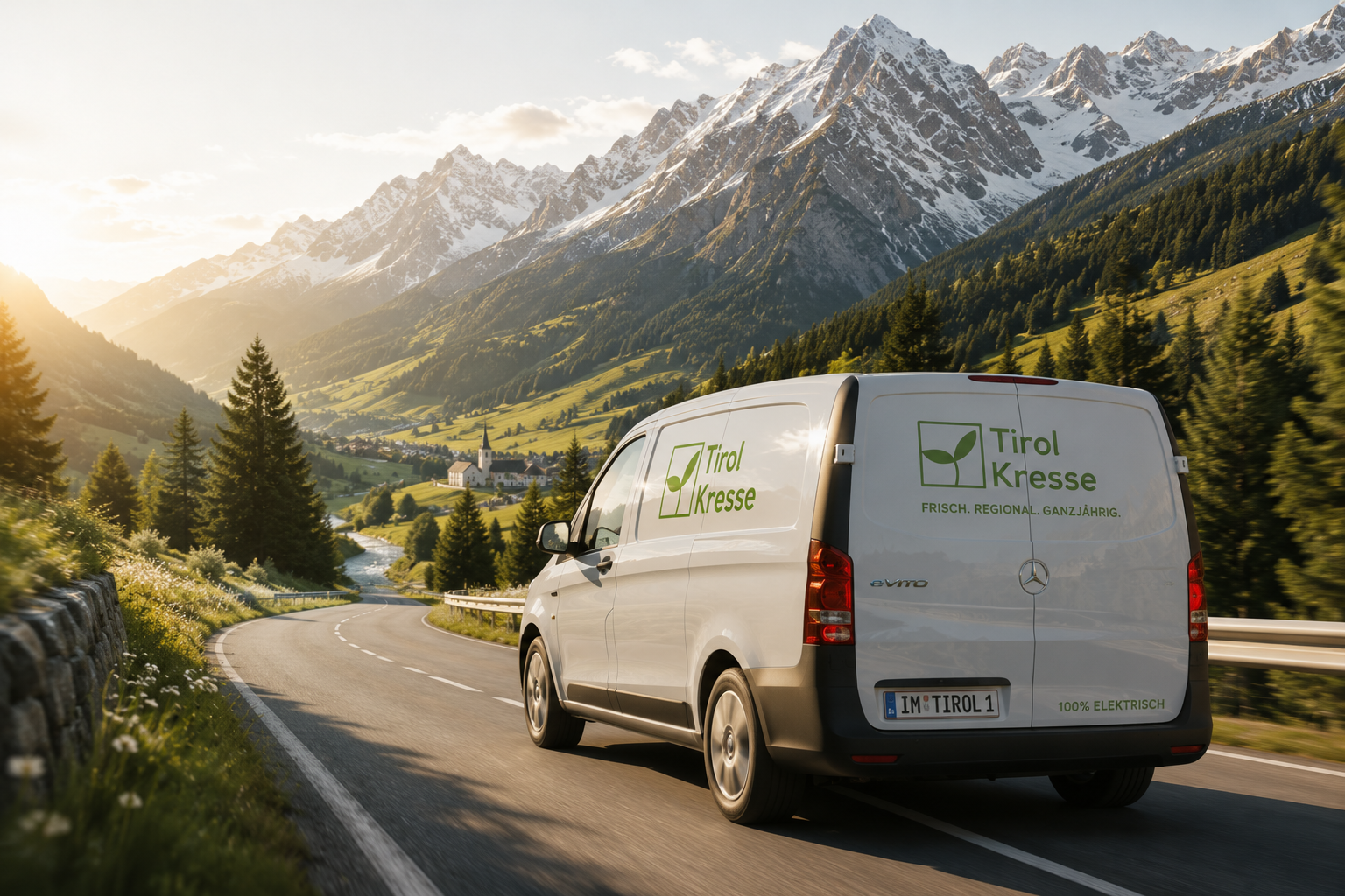 Tirol Kresse Lieferauto auf einer Bergstraße