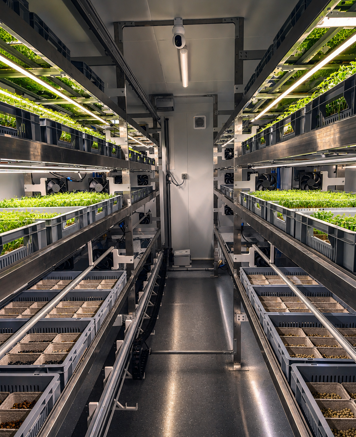 Innenansicht eines Tirol Kresse Farmcontainers mit beleuchteten Pflanzenregalen