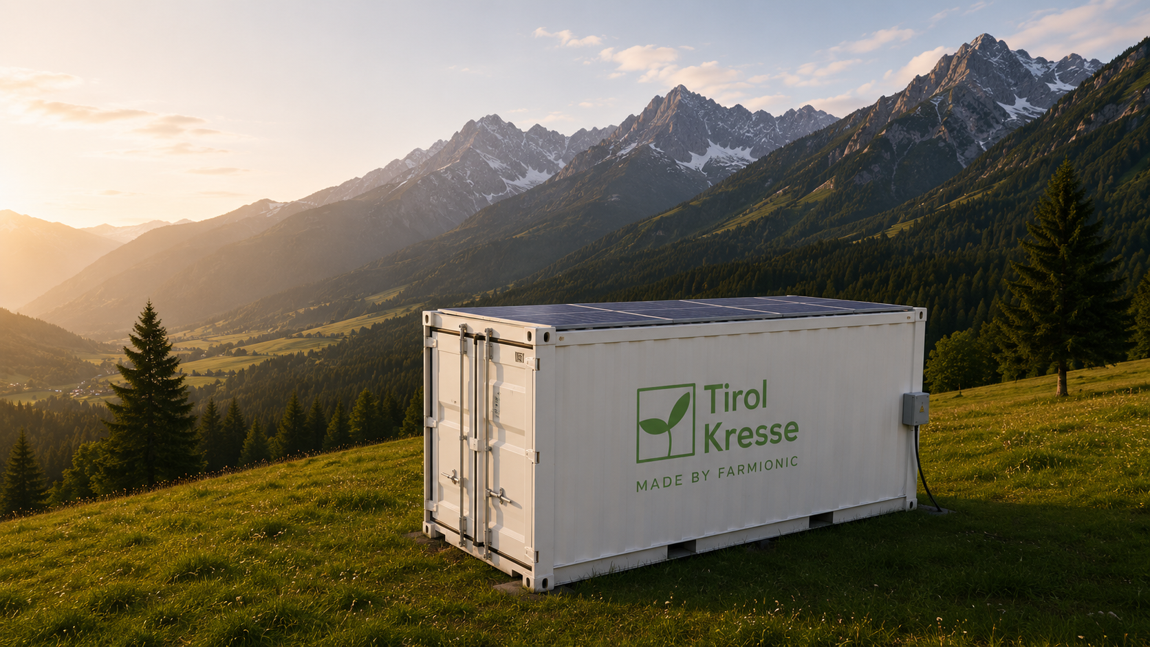 Tirol Kresse Farmcontainer vor Tiroler Bergkulisse